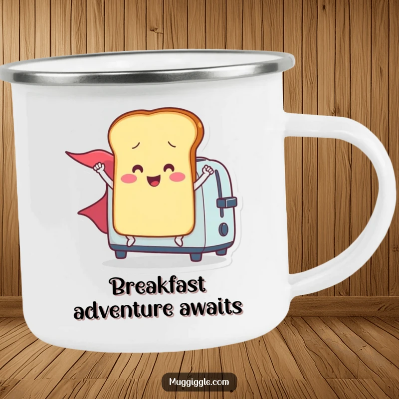Funny camping mug featuring a smiling toast character with a cape, launching from a toaster, ready for outdoor breakfast.