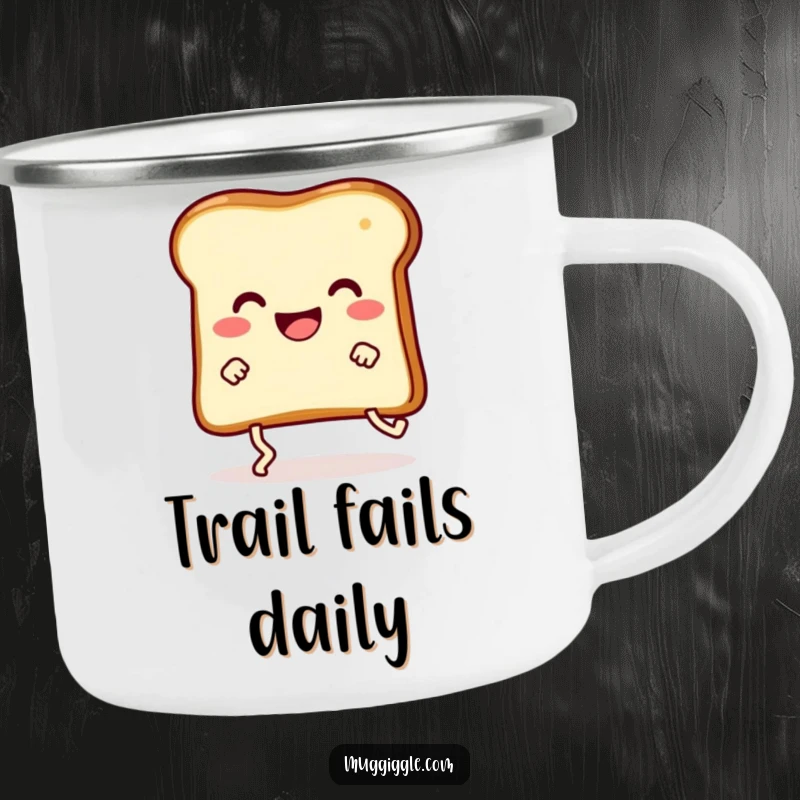 Funny happy slice of toast with legs hilariously tripping, perfect for outdoor use on a camping mug.