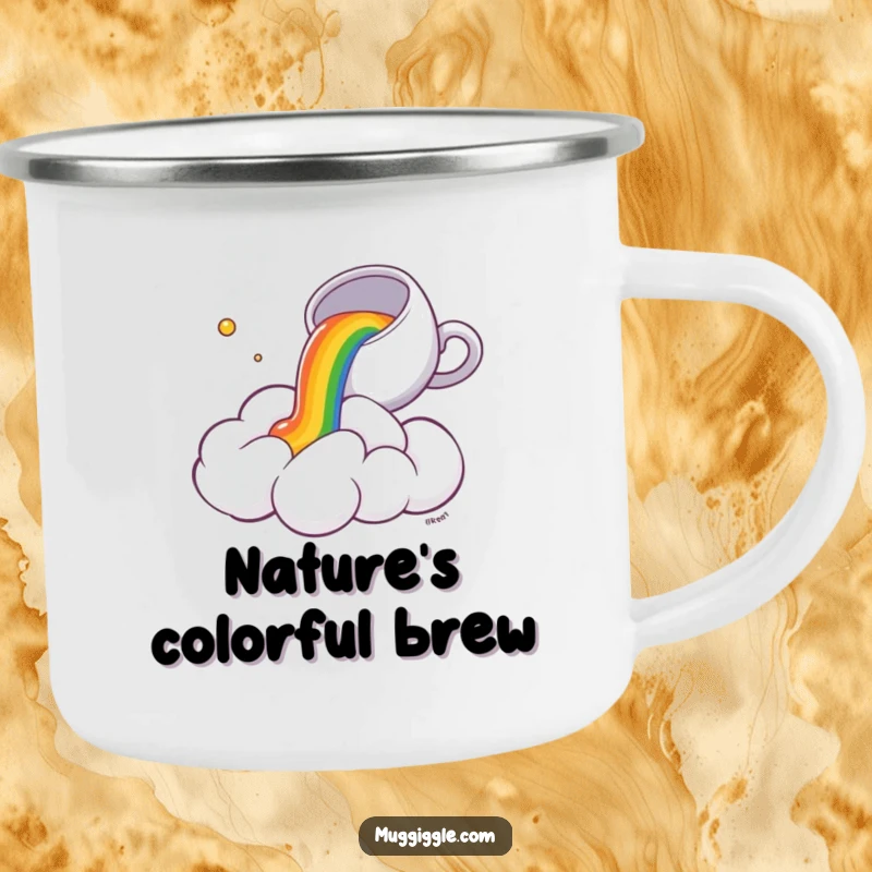 Funny Camping Mug: A tiny teacup spills a rainbow onto a startled fluffy cloud, bringing humor to outdoor adventures.