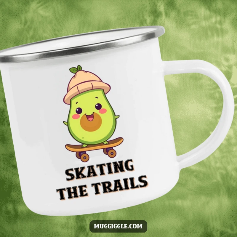 Funny avocado camping mug, wearing a hat, skateboarding, durable and humorous for outdoor enjoyment, a great funny gift.