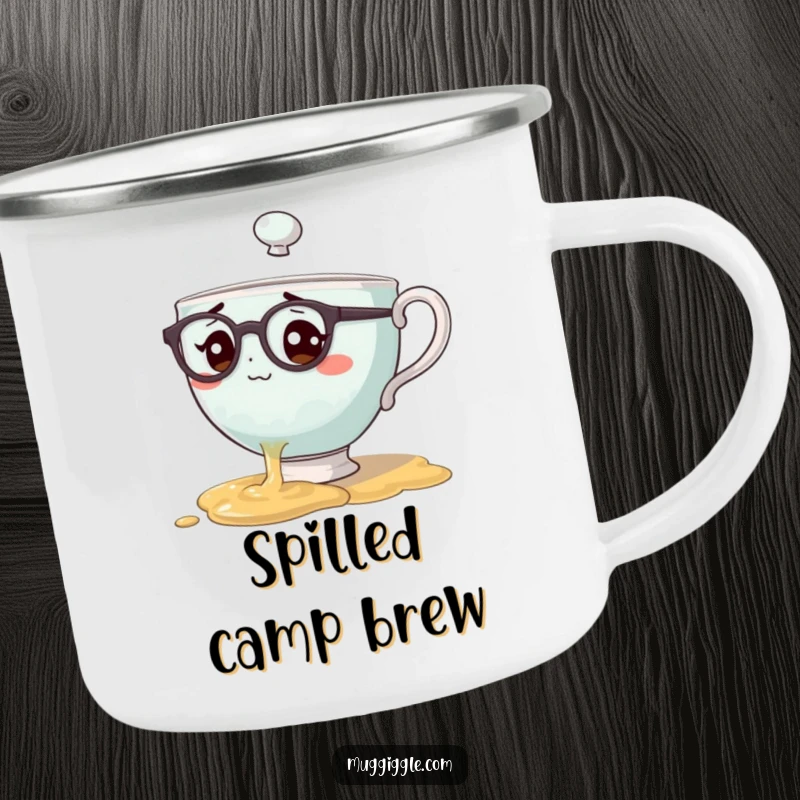 Funny camping mug with a teacup character wearing spectacles spilling tea, built for outdoor use with charming, clumsy humor.
