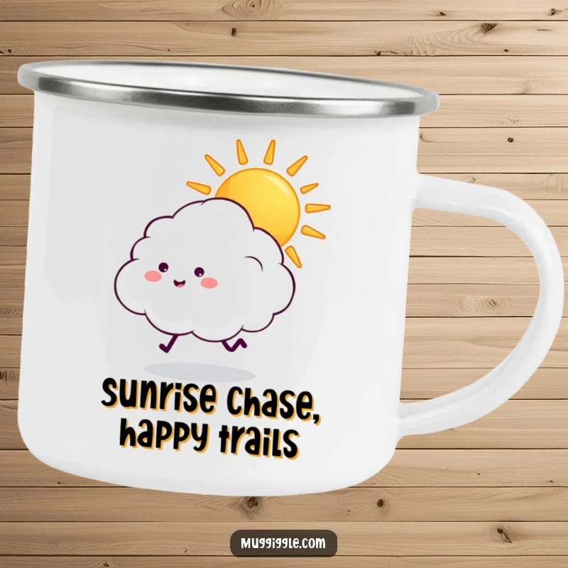 Funny fluffy cloud with tiny legs chasing a beaming sun, on a camping mug for fun outdoor enjoyment.