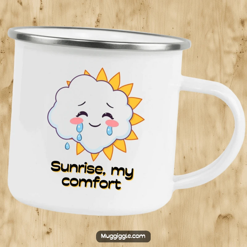 Funny camping mug featuring a cloud character crying happy tears onto a smiling sun, perfect for cheerful outdoor drinks.