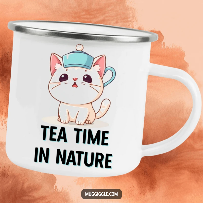 Funny camping mug with a surprised cat character wearing a teacup as a hat, perfect for outdoor fun.