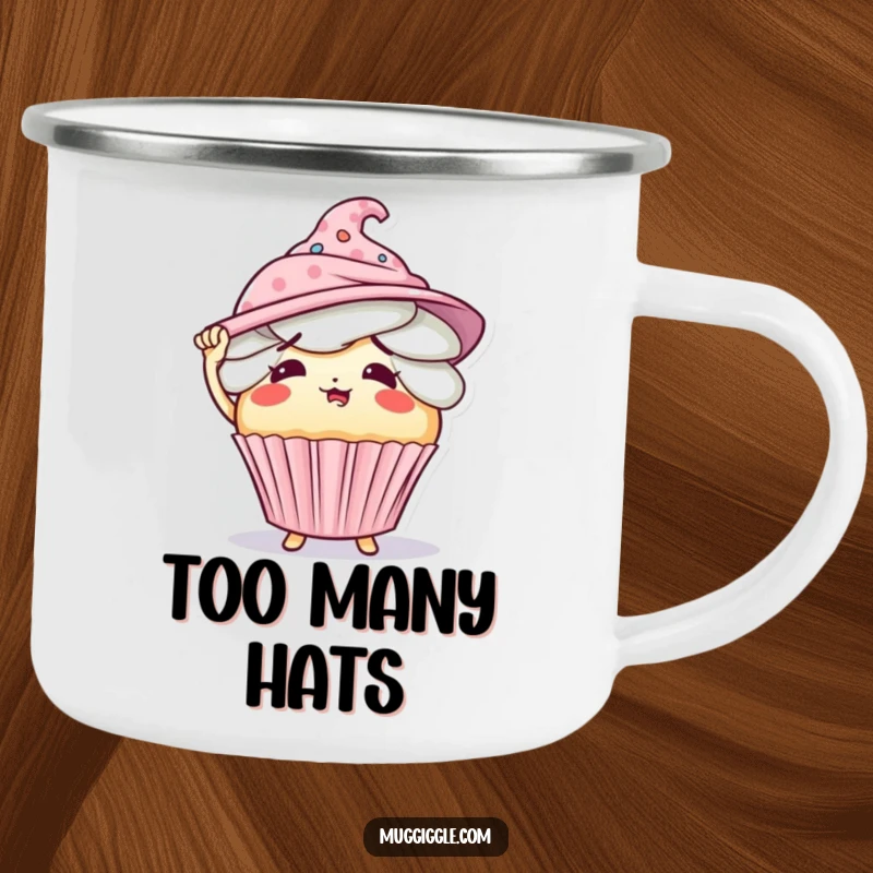 Funny camping mug featuring a flustered cupcake character hilariously struggling to wear an excessive amount of hats.
