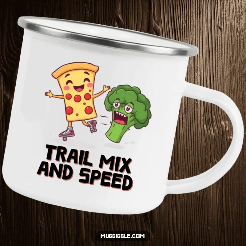 Funny Camping Mug featuring a smiling pizza slice on roller skates, perfect for enjoying drinks outdoors with a humorous pizza theme.