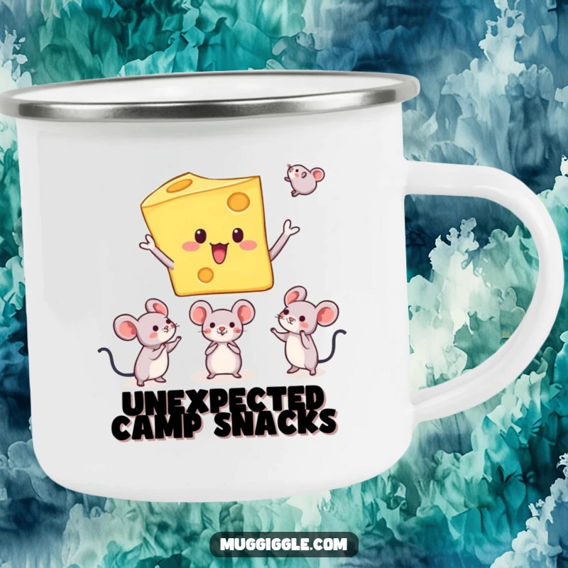 Funny camping mug with a cheese character juggling mice, built for outdoor enjoyment and providing a dose of hilarious, absurd charm.