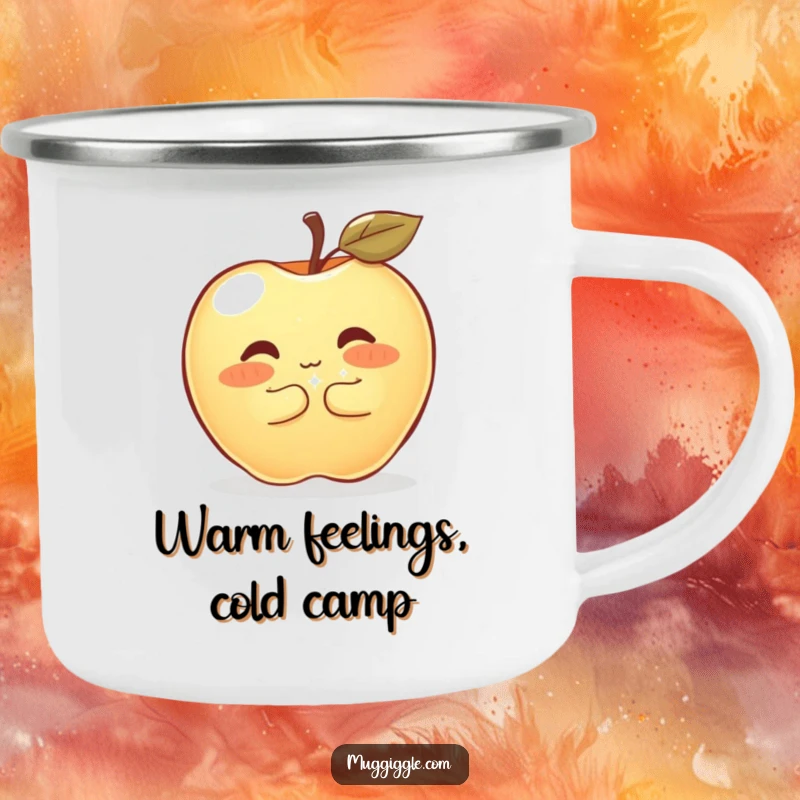 Funny Camping Mug featuring a shyly blushing apple hugging a sparkly button, perfect for enjoying drinks outdoors with sweet humor.