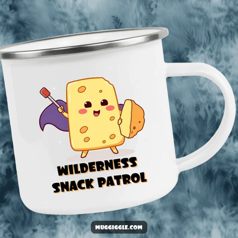 Funny Camping Mug: A brave piece of cheese wearing a cape fights a tiny crumb with a toothpick, ready for the wilderness.