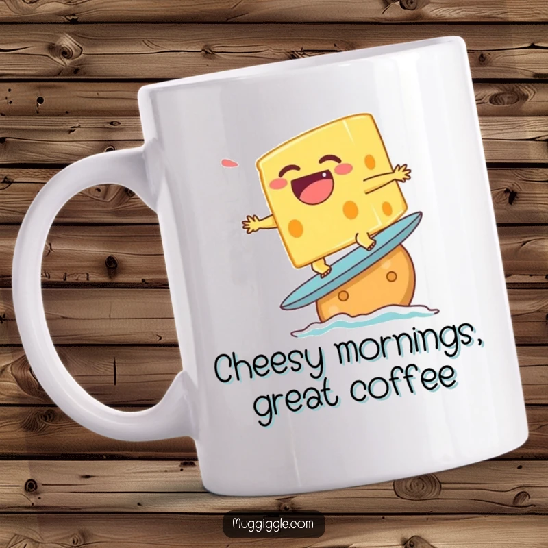 Funny mug of a laughing cheese character attempting to surf on a cracker, depicting a silly, food-themed adventure.