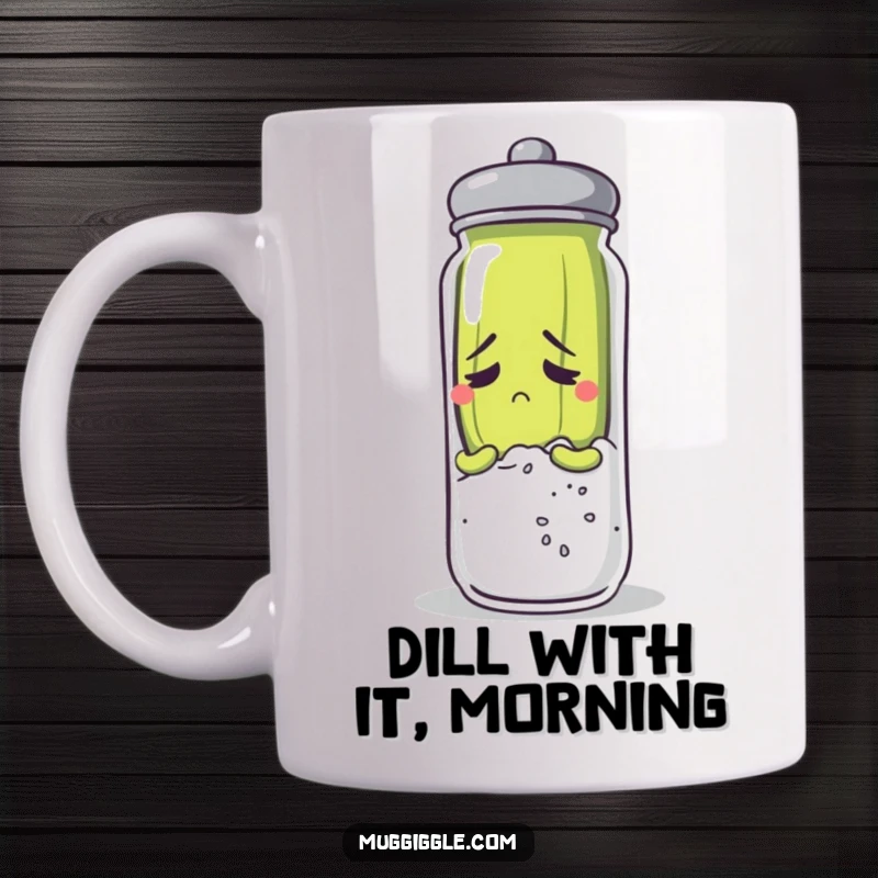 Funny, anxious pickle character hilariously hiding behind a giant salt shaker on a mug.