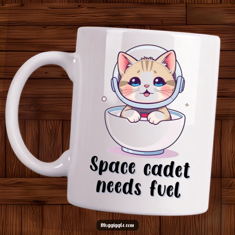 Funny mug showcasing a cute cat in a tiny astronaut helmet, blissfully floating in a bowl of milk, a cosmic delight.