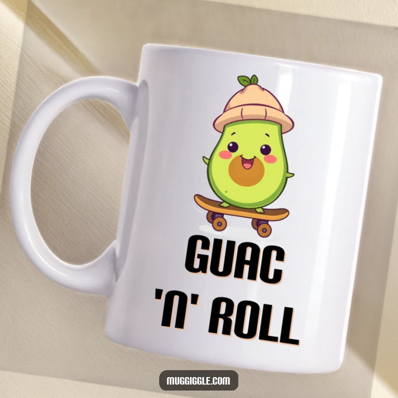 Funny smiling avocado mug, wearing a tiny hat and riding a skateboard with a cool vibe, a humorous and delightful gift.