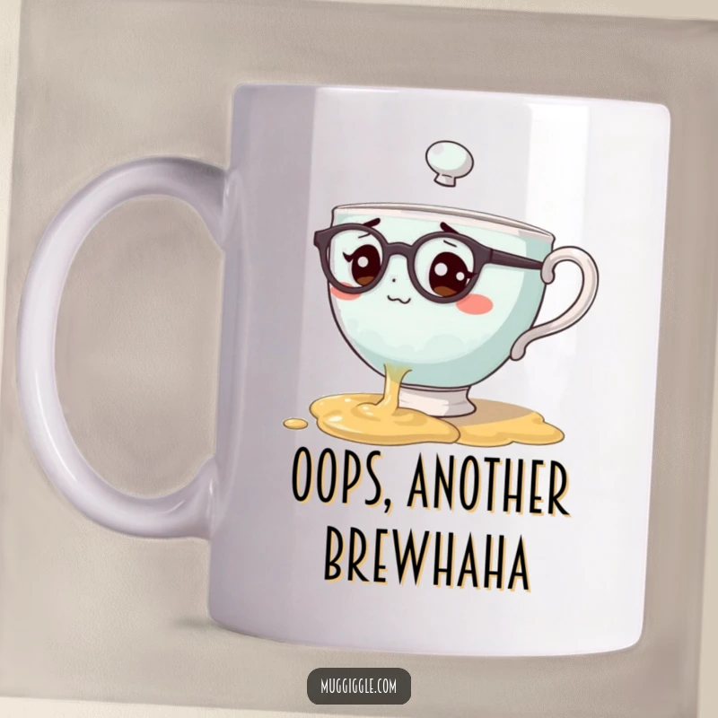 Funny mug showing a teacup character with spectacles spilling tea, looking utterly bewildered and adorably clumsy.