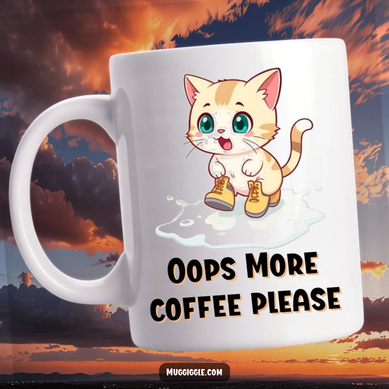 Funny Mug: A surprised cat wearing tiny boots comically slides across a spilled milk puddle, pure feline chaos.