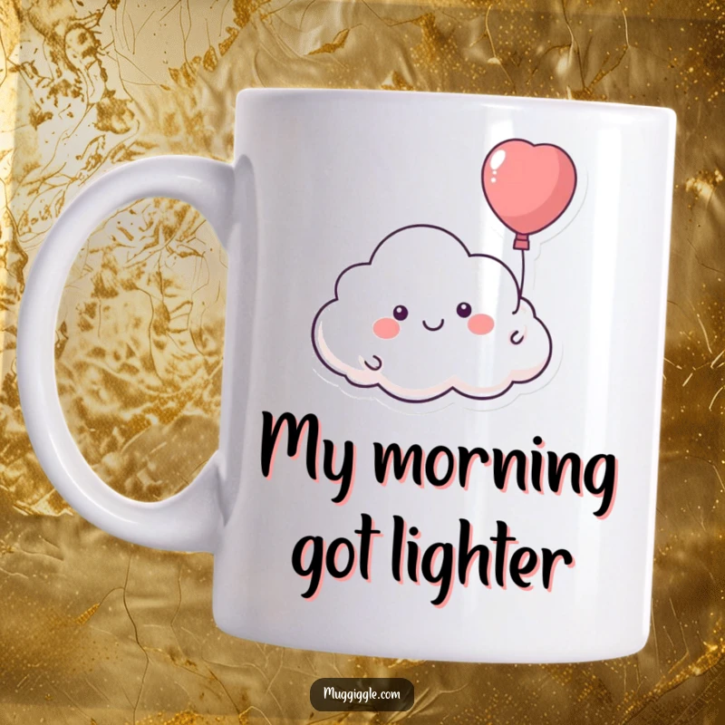 Funny mug with a smiling cloud character happily floating away, tethered to a runaway balloon, signifying freedom.