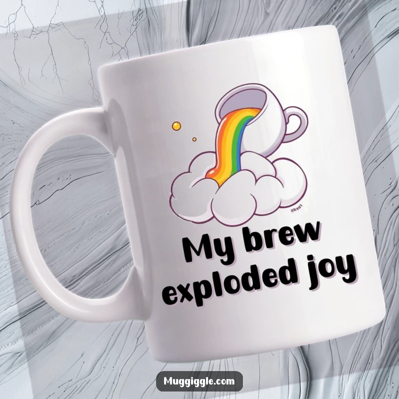 Funny Mug: Tiny teacup spills vibrant rainbow tea onto a shocked, fluffy cloud, making a delightful and humorous scene.