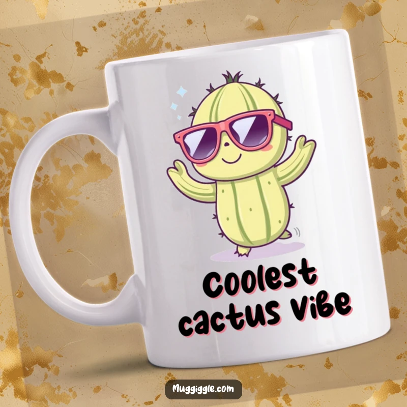 Funny mug showcasing a cute, anthropomorphic cactus character wearing large sunglasses and dancing with high energy.