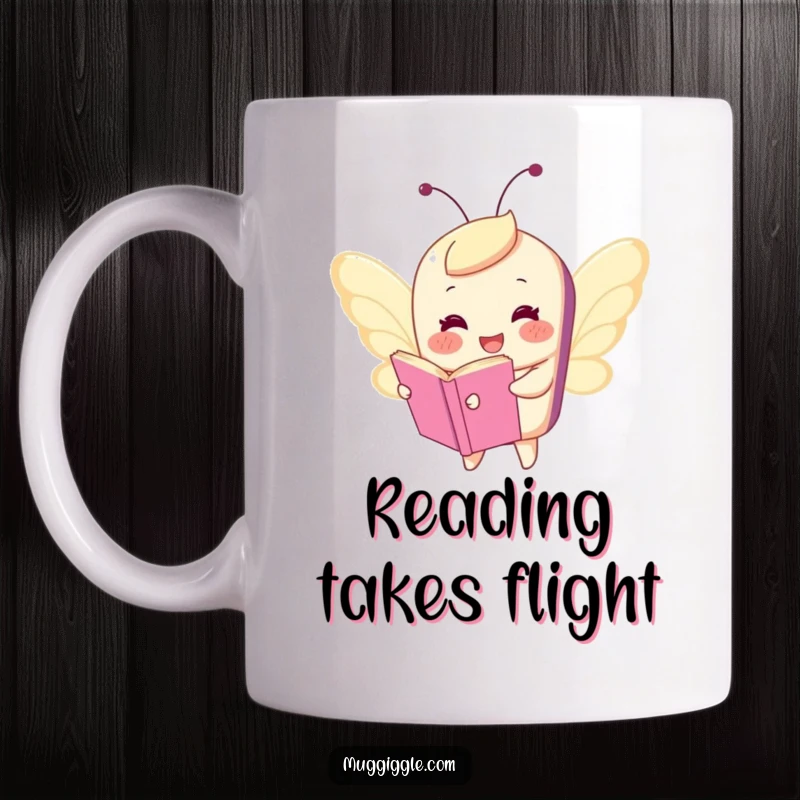 Funny mug depicting a happy book character humorously flying with tiny butterfly wings, embodying pure joy and imagination.
