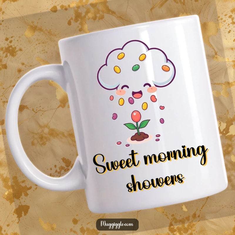 Funny mug featuring a cheerful cloud character raining colorful jellybeans down onto a small, happy plant, symbolizing sweet surprises.