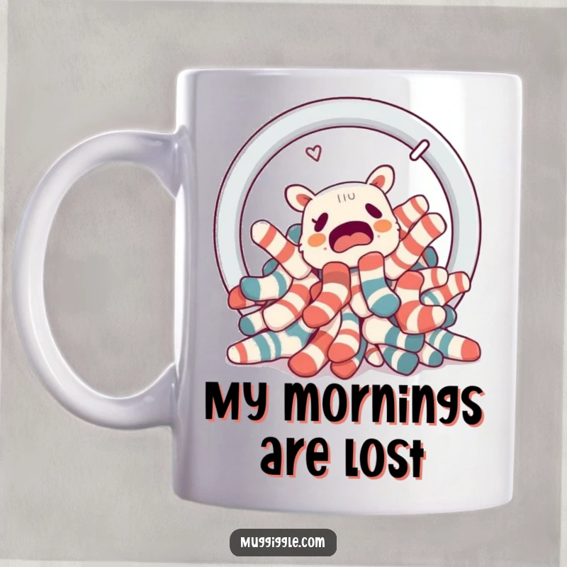 Funny confused pile of socks attempting to escape a laundry basket portal, on a humorous coffee mug.