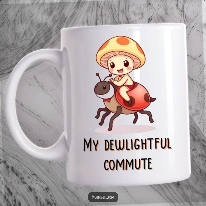Funny Mushroom Ladybug Mug: A delighted mushroom character joyfully rides a ladybug as if it were a magnificent steed, pure fun.