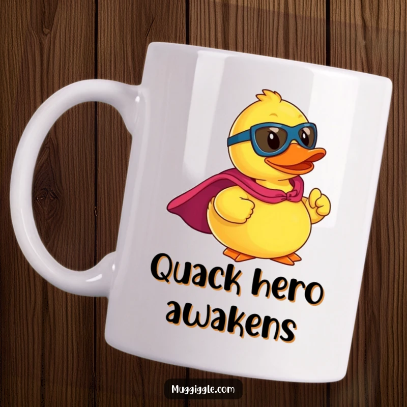 Funny mug with a rubber ducky superhero in a cape, striking a heroic pose, ready for action.