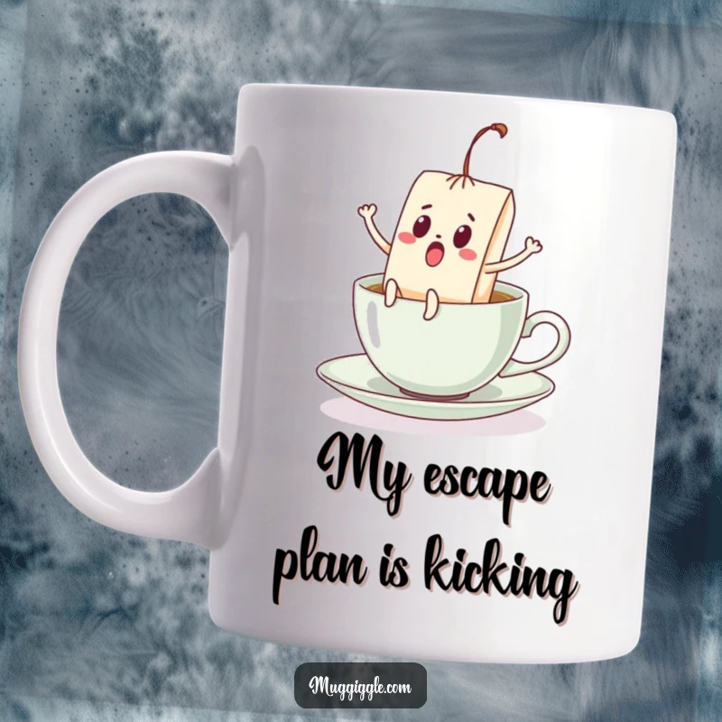 Funny mug featuring a surprised teabag with legs kicking wildly as it floats in a teacup, a comical escape.
