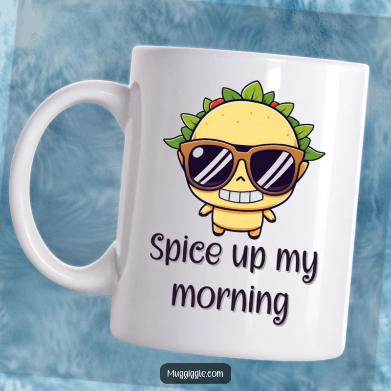 Funny taco mug, wearing oversized sunglasses with a determined grin, exuding cool confidence and taco-themed humor.
