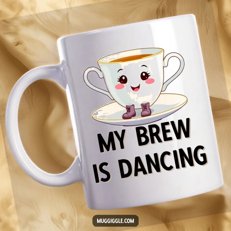 Funny smiling teacup wearing tiny boots, happily tap-dancing on a saucer, on a delightful coffee mug.