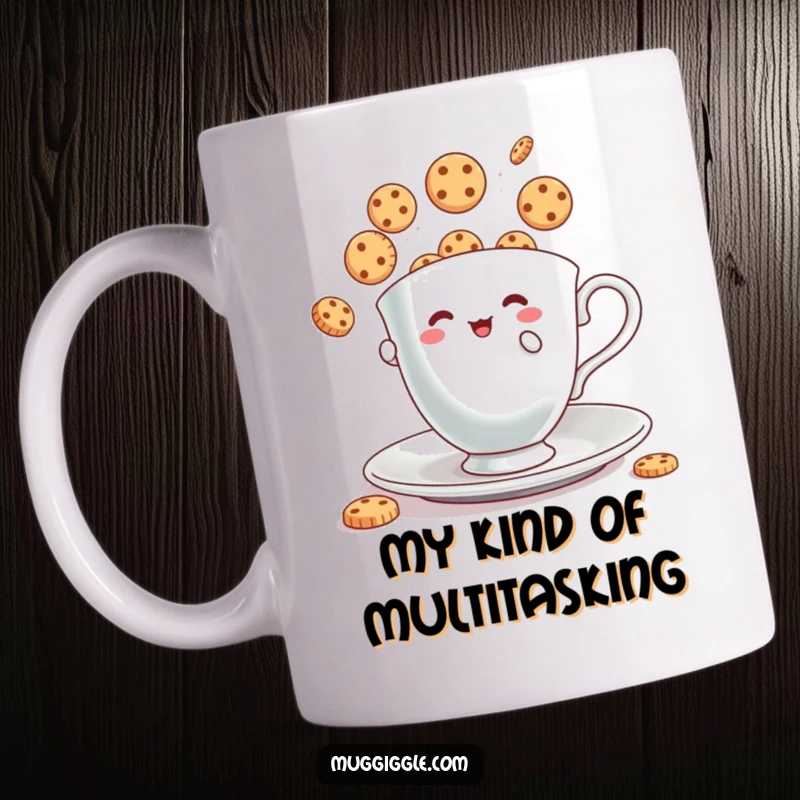 Funny Mug: A tiny teacup character playfully juggles small, bouncing cookies, a delightful scene of sweet juggling.