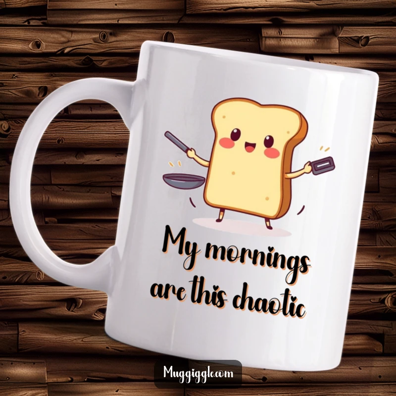 Funny mug featuring a brave piece of toast masterfully juggling three hot frying pans with a determined expression.