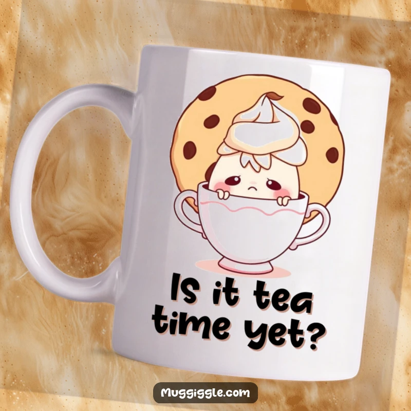 Funny mug featuring a timid teacup character nervously peeking from behind a large, delicious-looking cookie.