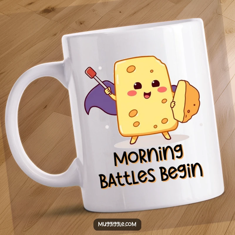 Funny Mug: A brave piece of yellow cheese wearing a red cape fights a tiny brown crumb with a toothpick lance.