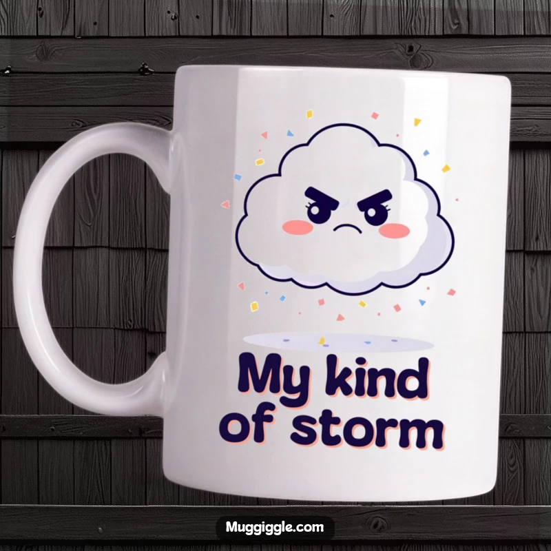 Funny grumpy cloud mug, raining tiny colorful confetti with a sulky expression, bringing unexpected joy and humor.
