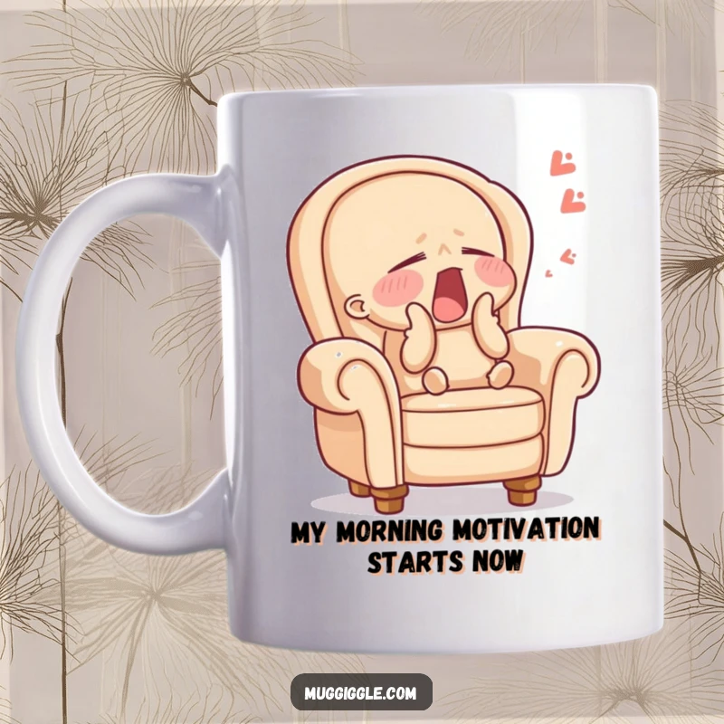 Funny armchair mug showing a sleepy character yawning widely with closed eyes, embodying ultimate relaxation and comfort for a cozy gift.