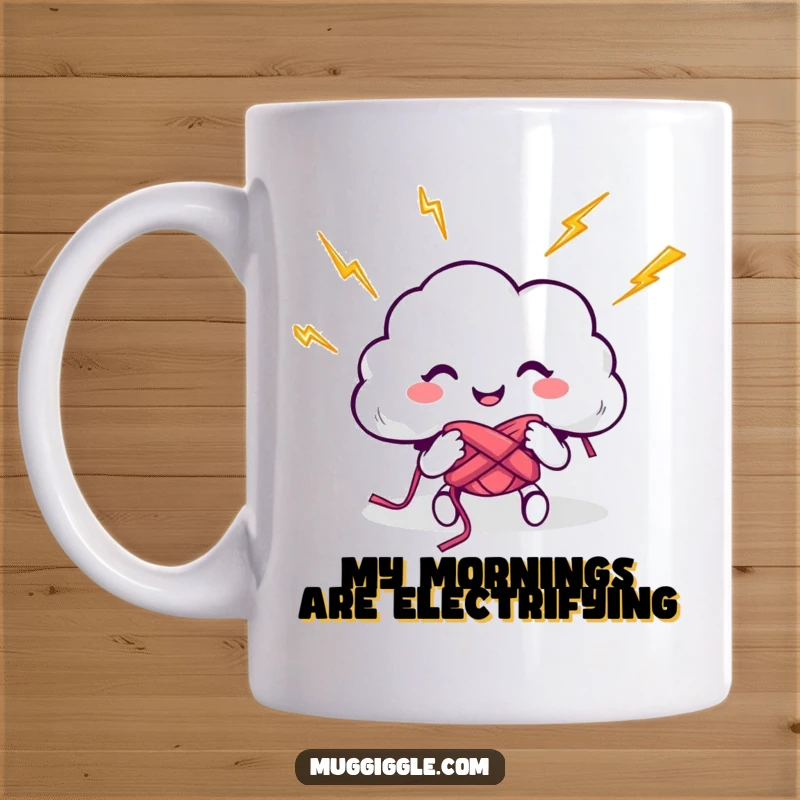Funny mug showing a happy cloud character clumsily knitting with bright, crackling lightning bolts, radiating pure, joyous creative chaos.