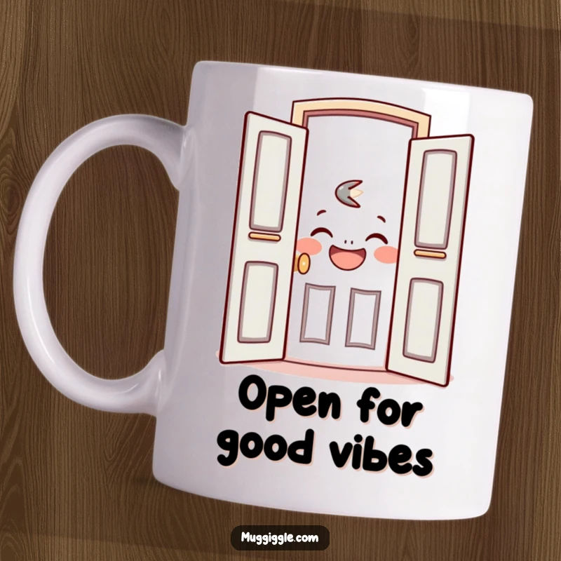 Funny mug with a friendly, open door character revealing a joyful, laughing face inside.