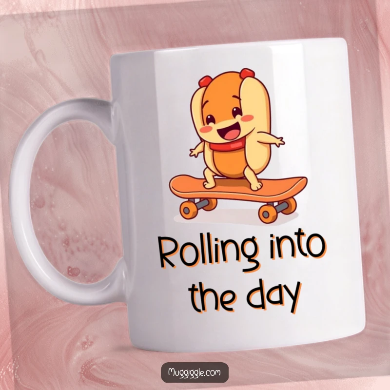 Funny mug showing a smiling hot dog character attempting to ride a runaway skateboard with determined, comical enthusiasm.