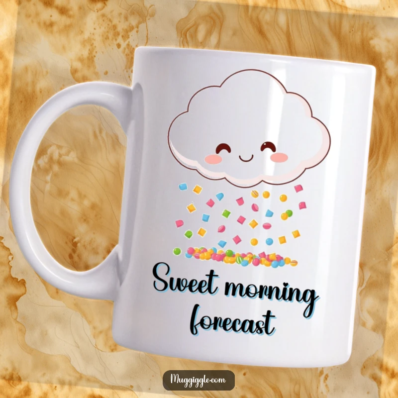 Funny mug featuring a smiling cloud raining colorful candy pieces, bringing a cheerful and sweet atmosphere.