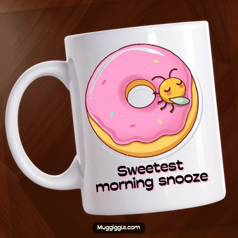 Funny mug showing a sleeping donut character being gently nudged by a playful fly, a humorous morning scene.
