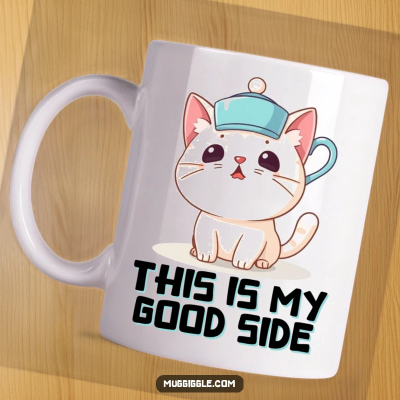 Funny mug showing a surprised cat character comically wearing a teacup as a hat, creating a hilarious mishap.