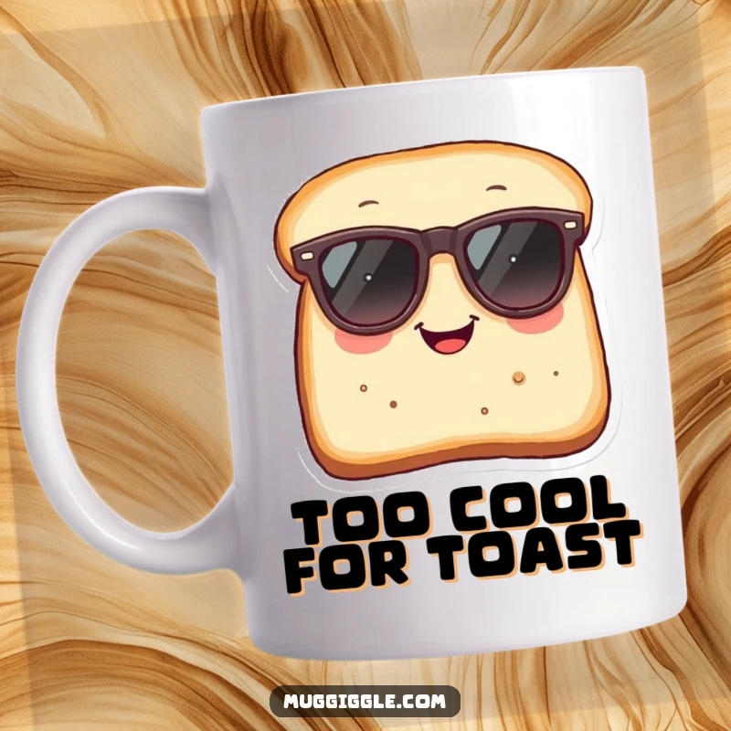Funny Mug: A smiling slice of bread comically tries to wear sunglasses that are much too big, exuding cool absurdity.
