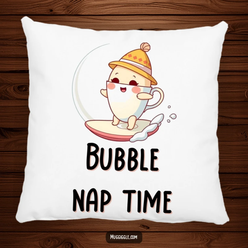Funny Pillow showcasing a bewildered teacup wearing a hat, humorously attempting to surf a giant bubble.