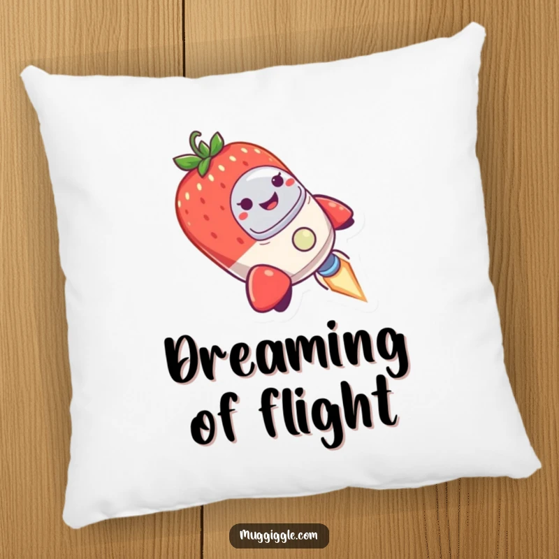Funny Pillow showcasing a smiling strawberry piloting a tiny rocket ship that wobbles humorously in the sky.