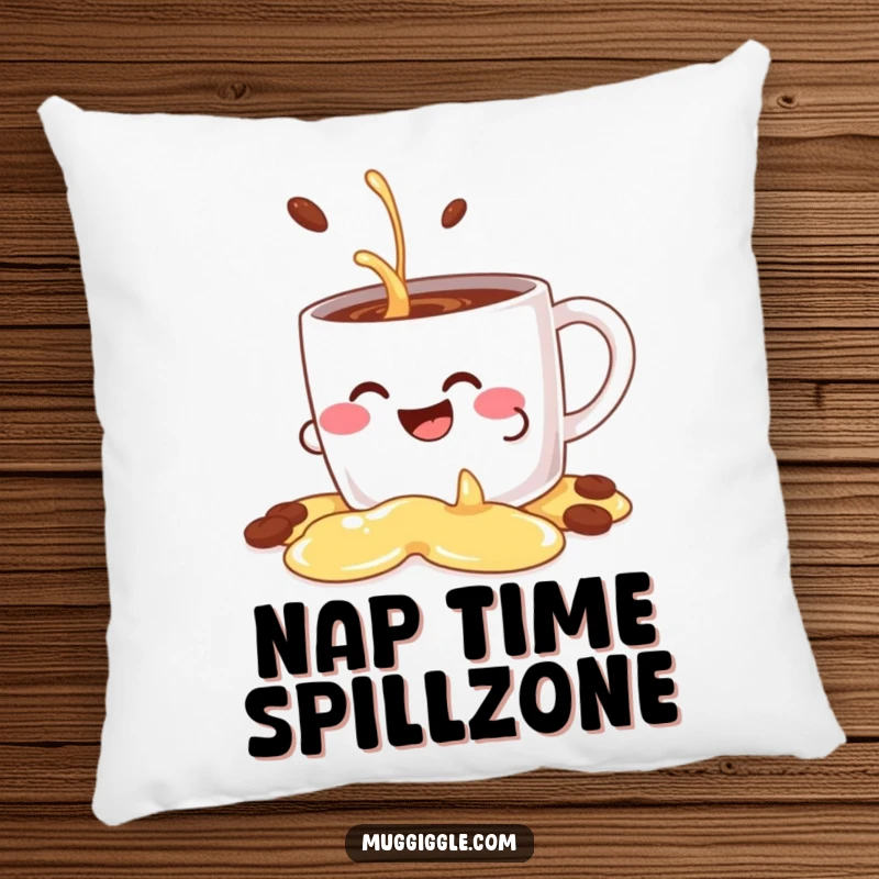 Funny decorative pillow with a giggling coffee mug character comically spilling its contents decoratively, offering comfort and humor.