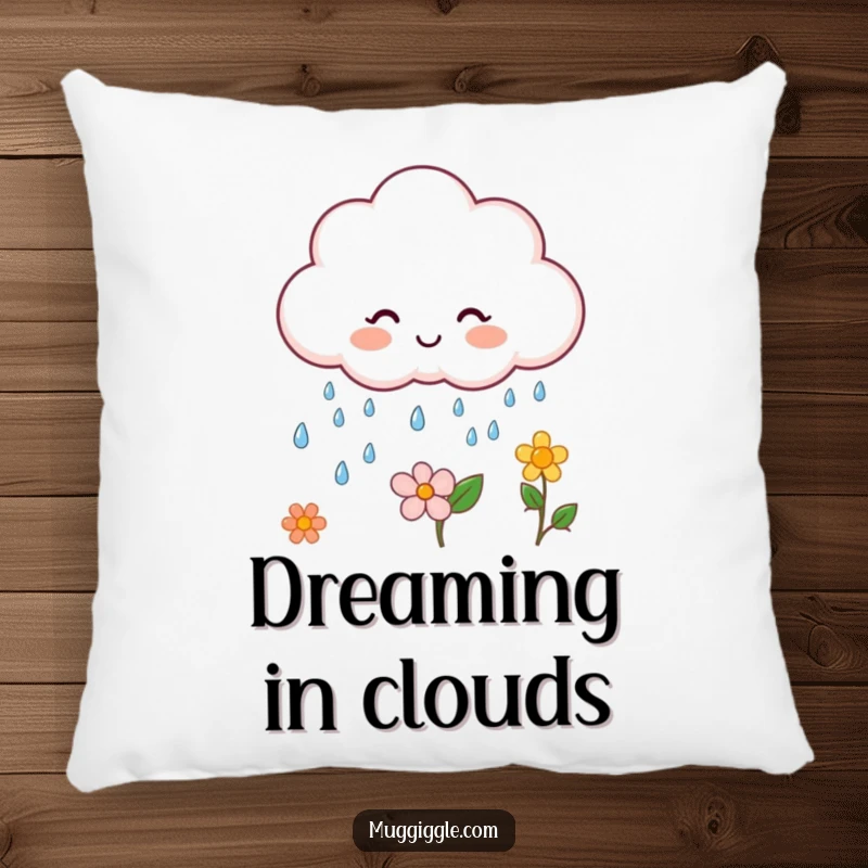 Funny cloud character pillow, raining tiny happy raindrops on a flower, soft and comforting.