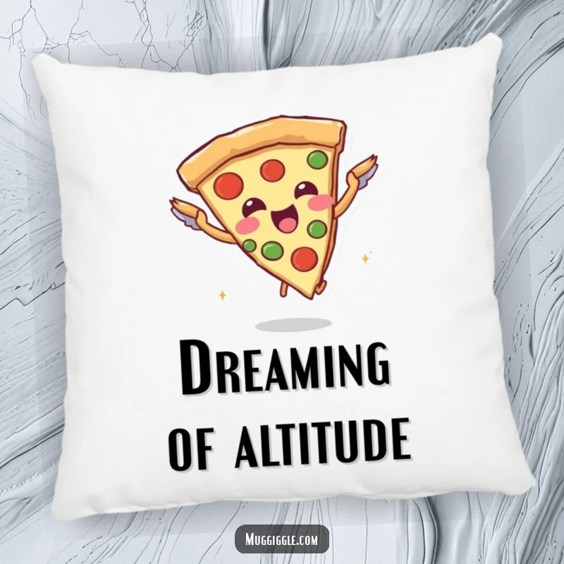 Funny pillow featuring a joyful pizza slice character attempting flight with breadstick wings, providing comfort and a humorous, food-themed touch.