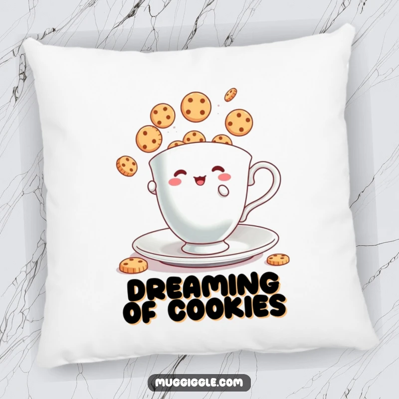 Funny Pillow: Tiny teacup character juggling bouncing cookies, a soft and humorous decor piece.
