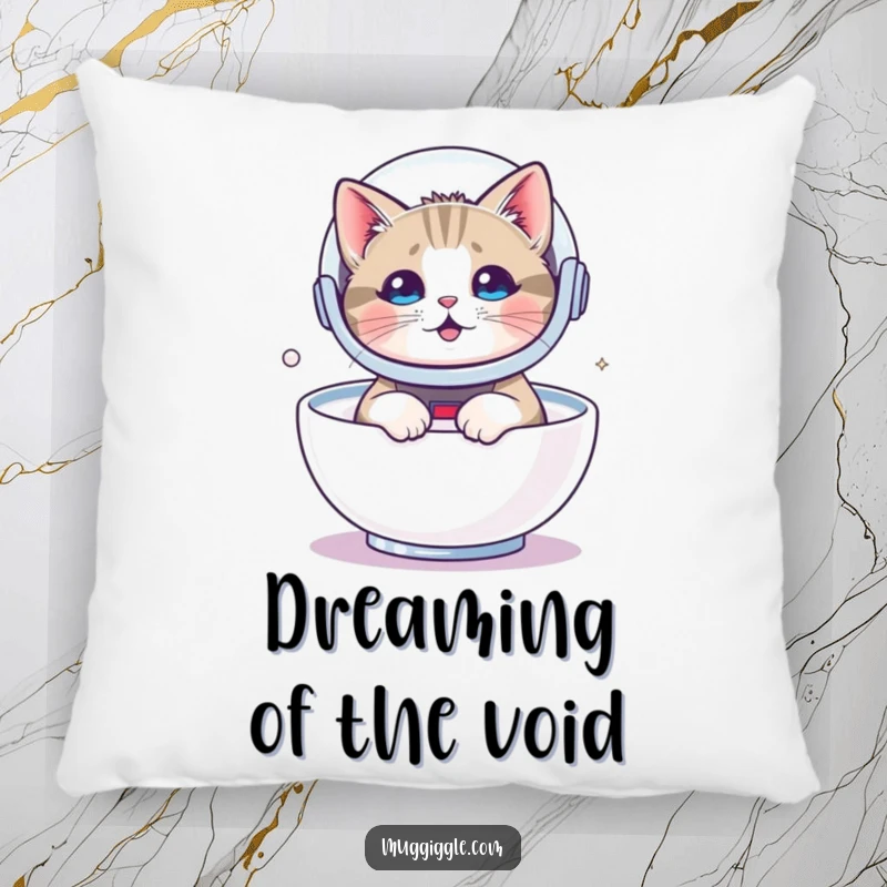 Funny pillow featuring a cat in an astronaut helmet, floating in milk, providing comfort and a touch of cosmic humor.